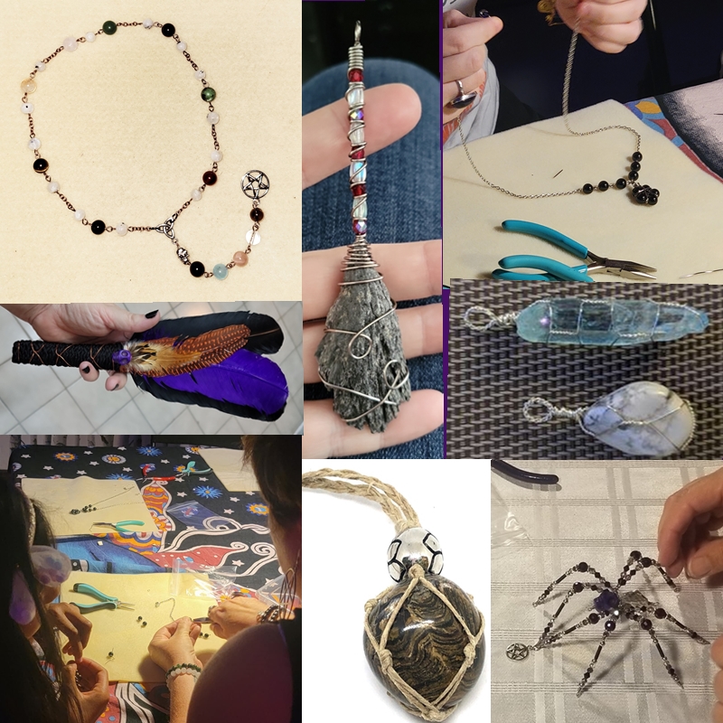 Participants creating gemstone jewellery with beading tools and wire wrapping supplies during a workshop at The Zen Shop