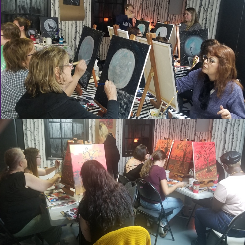 Group of people painting at tables with canvas and brushes during a guided Paint Nite event at The Zen Shop