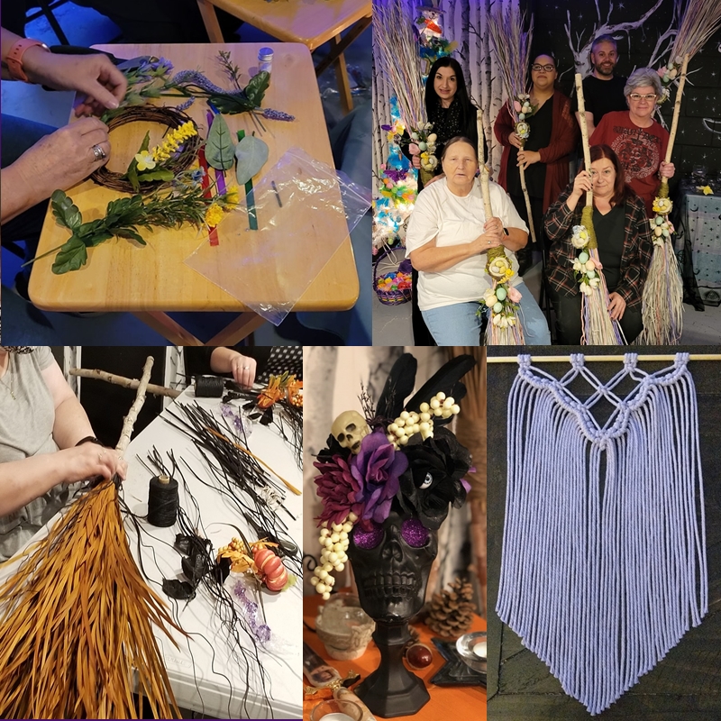 Craft table filled with handmade wreaths, besoms, macramé, and floral designs created during seasonal workshops at The Zen Shop’s Zen Den