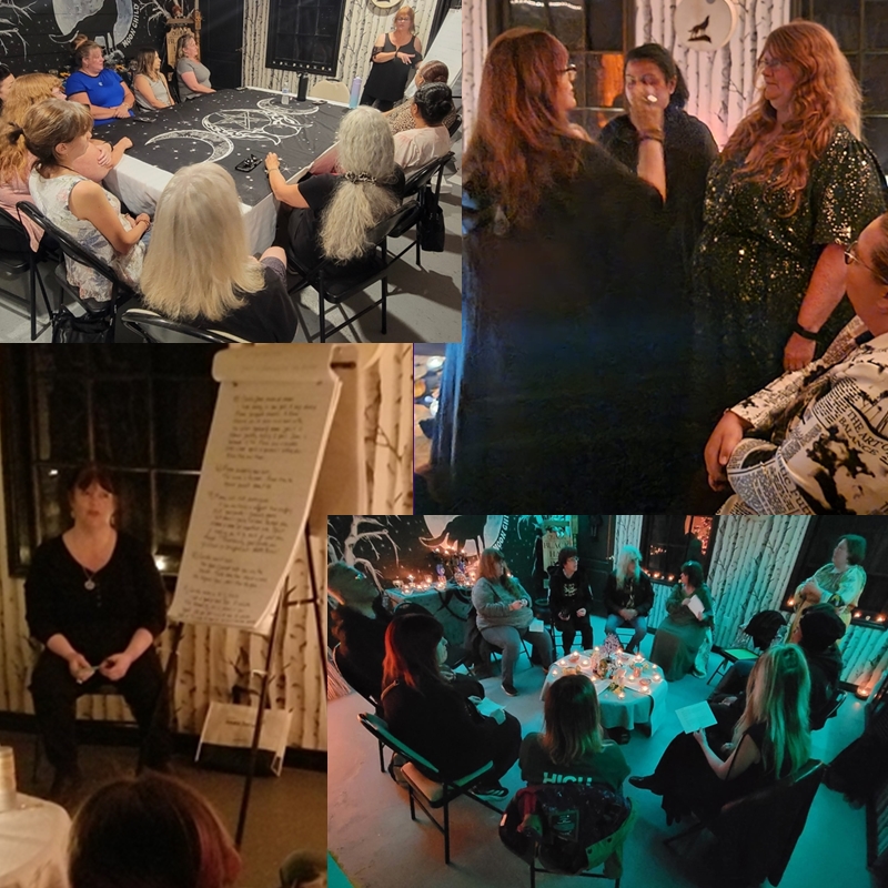 Students in ritual robes seated in a decorated classroom during a witchcraft training session at The Zen Shop’s Zen Den