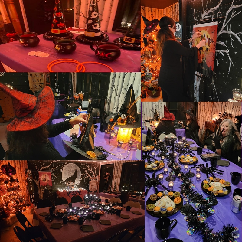 Decorated table setup with snacks, crafts, and witchy décor during a themed Witches Tea Party at The Zen Shop’s Zen Den