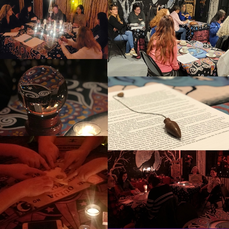 Tables set with divination tools like tea cups, pendulums, spirit boards, and candles during a Witchfest workshop at The Zen Shop’s Zen Den