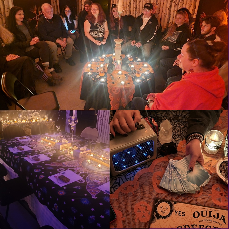 Spirit communication tools including candles, spirit boxes, and an illuminated portal setup during a séance at The Zen Shop’s Zen Den