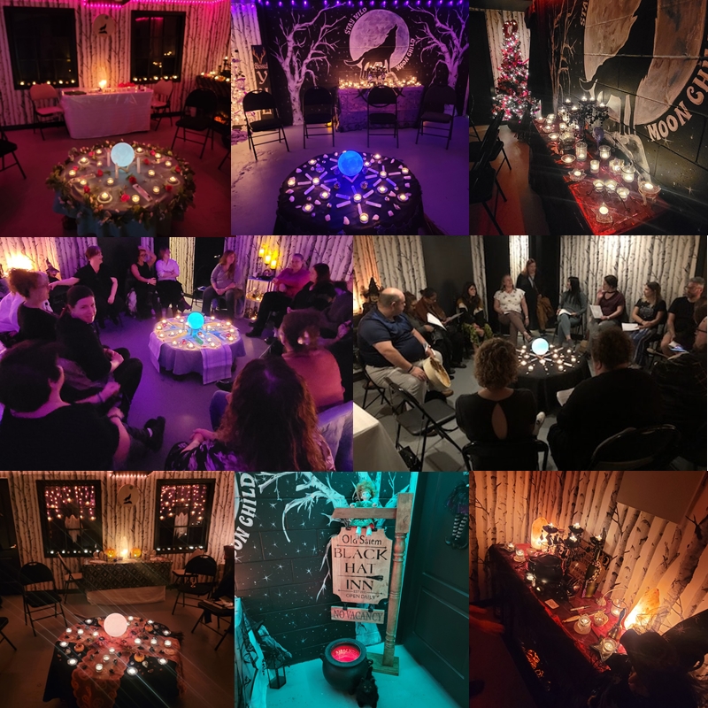Participants seated in a candlelit room during a full moon ritual at The Zen Shop’s Zen Den