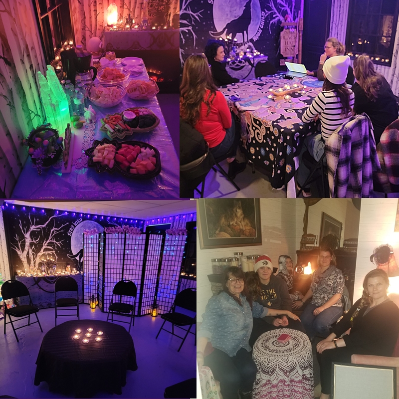 Guests seated around tables with snacks and spiritual tools during a private group reading event at The Zen Shop