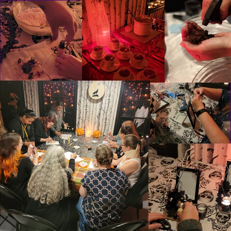Table setup with candles, crystal grids, and ritual craft materials used during a full moon ceremony at The Zen Shop's Zen Den