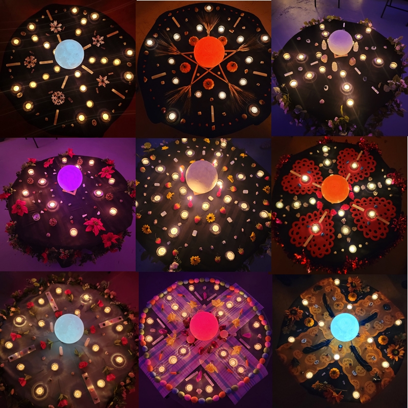 Decorated altar with seasonal items, candles, and symbolic tools for a ritual at The Zen Shop’s Zen Den