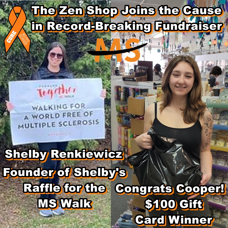 The Zen Shop’s donated gift card is awarded to raffle winner Cooper during Shelby’s record-breaking MS Walk fundraiser.
