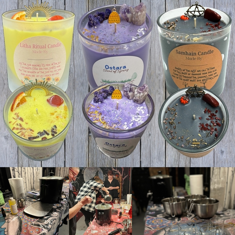 Participants pouring and decorating candles during a spiritual candle making class at The Zen Shop