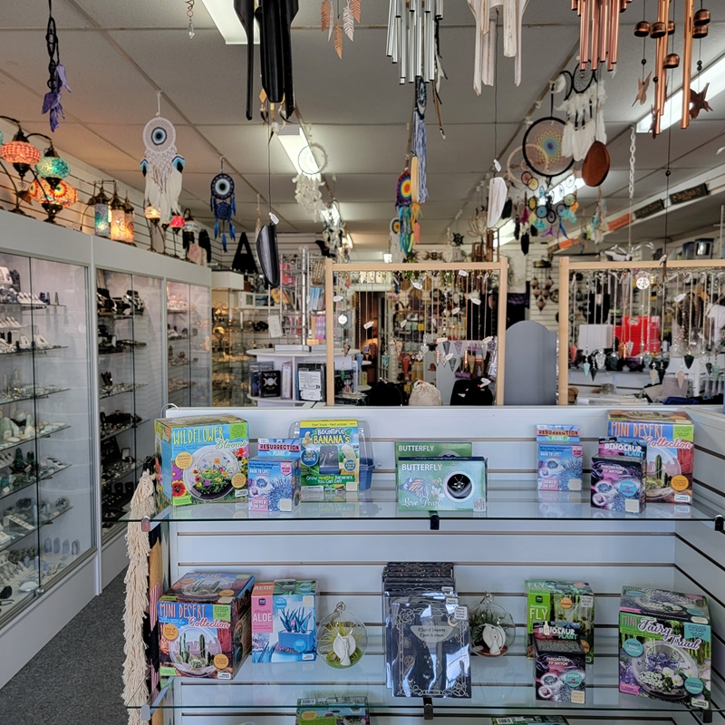 View from just inside the entrance of The Zen Shop Oshawa, showing the center aisle with seasonal plant kits and terrariums, wind chimes, dreamcatchers, pendulums, and crystal cabinet displays.