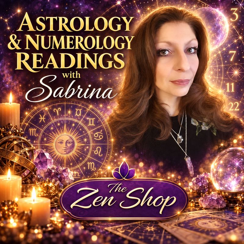 Astrology and Numerology Readings with Sabrina at The Zen Shop in Oshawa. Sabrina is pictured against a mystical purple and gold celestial background featuring a zodiac wheel, numerology symbols, candles, amethyst crystals and stars.