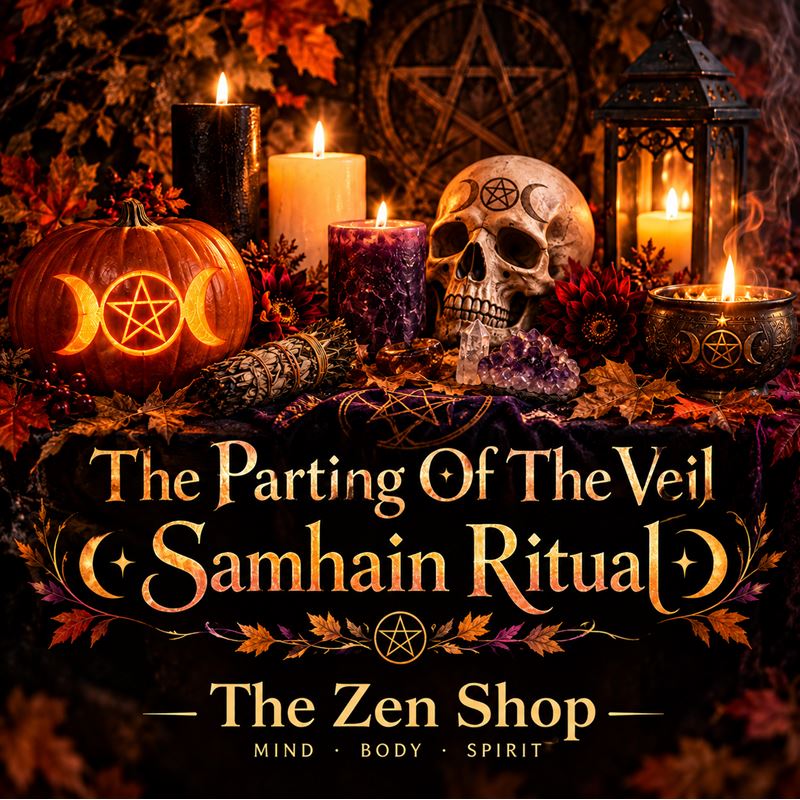 Free Samhain Ritual at The Zen Shop in Oshawa, featuring a mystical candlelit altar with a decorated skull, glowing triple moon pumpkin, crystals and autumn foliage.