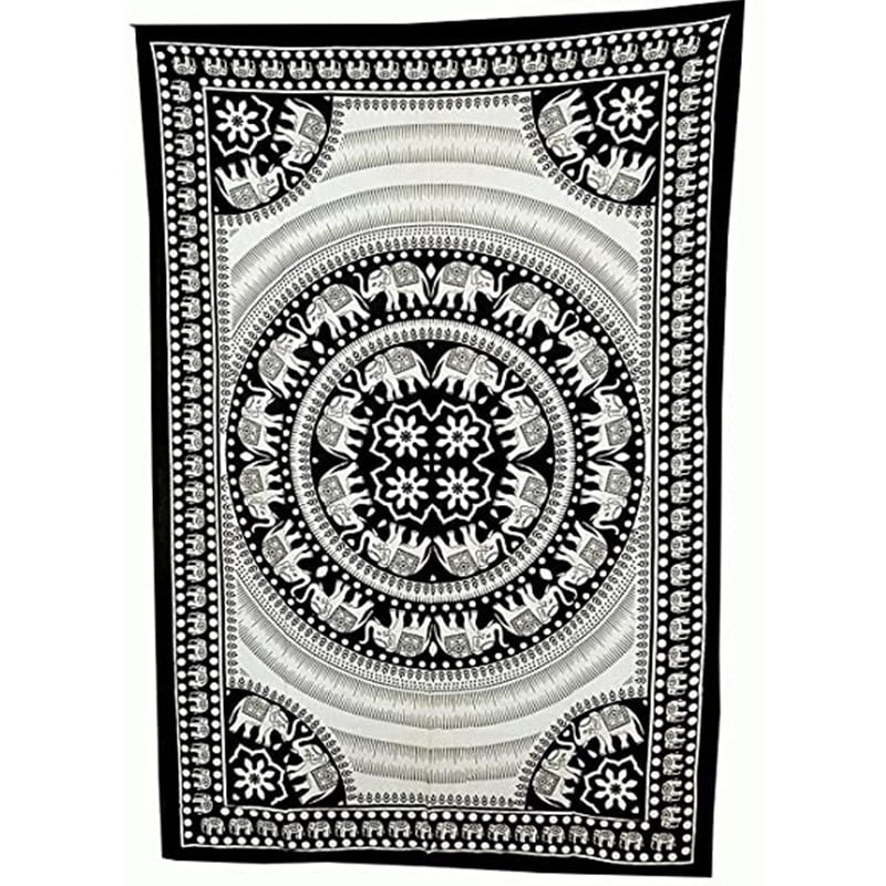 Elephant and Flowers Mandala Black and Cream Large Tapestry The Zen Shop