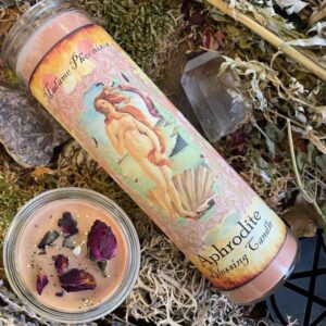 Aphrodite Love 7 Day Candle dressed in herbs and crystals