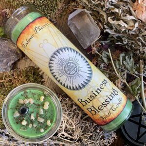 Business Blessing 7 Day Candle dressed in herbs and crystals