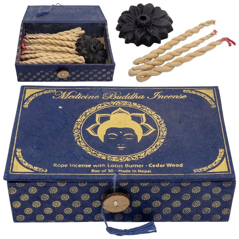 Medicine Buddha Cedarwood Rope Incense with Lotus Burner – The Zen Shop Oshawa Medicine Buddha cedarwood rope incense with lotus burner and handcrafted Nepalese incense ropes for meditation and grounding