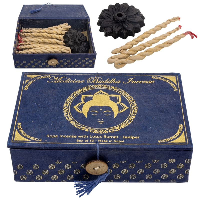 Medicine Buddha Juniper Rope Incense with Lotus Burner – The Zen Shop Oshawa Medicine Buddha juniper rope incense with lotus burner and handcrafted Nepalese incense ropes for meditation and spiritual cleansing