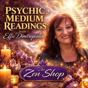 Psychic Medium Readings with Effie Dimitropoulos at The Zen Shop in Oshawa. A smiling portrait of Effie surrounded by glowing candles, amethyst crystals, and a heavenly staircase ascending into golden clouds.