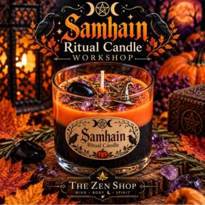 Samhain Ritual Candle Making Workshop at The Zen Shop in Oshawa, featuring a handcrafted black and orange layered candle decorated with crystals, rosemary and a keepsake witch's hat charm.