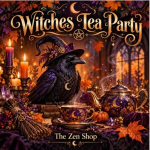 Witches Tea Party at The Zen Shop in Oshawa featuring a mystical black raven wearing a witch’s hat, an ornate purple teapot and teacup, candles, pumpkins, autumn leaves, and a handcrafted altar broom.