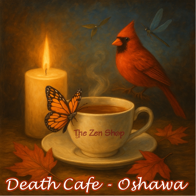 Candle, teacup with butterfly, cardinal, and dragonfly in a warm autumn scene with the words “Death Café – Oshawa.”