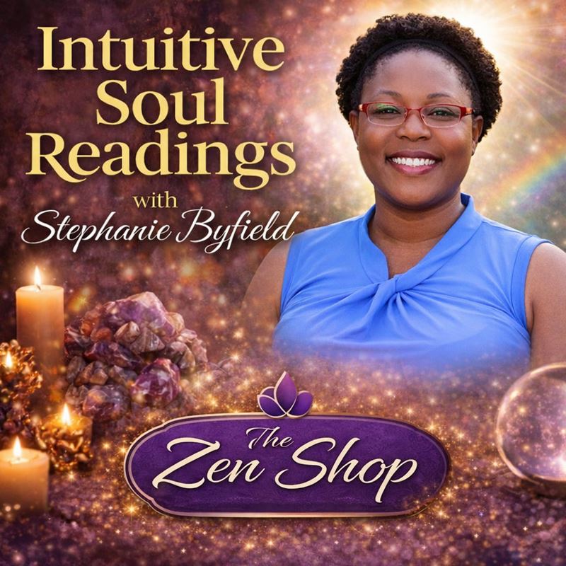 Intuitive soul readings with Stephanie Byfield at The Zen Shop Oshawa featuring spiritual healing setting with crystals and light energy background