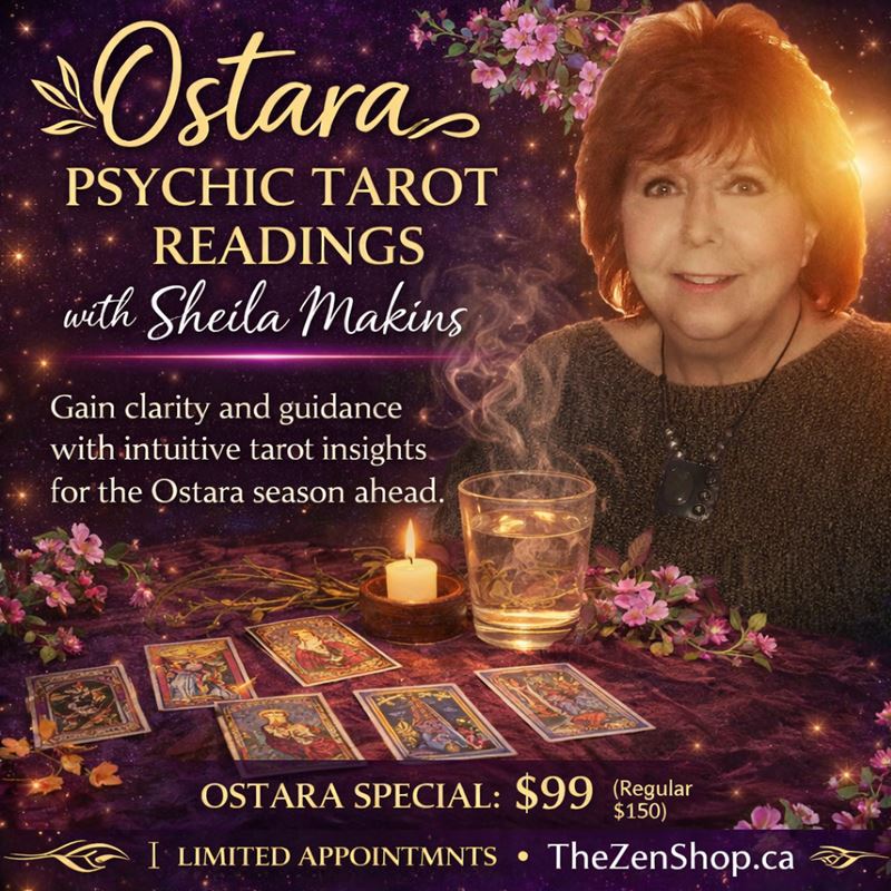 Ostara Psychic Tarot Readings with Sheila Makins at The Zen Shop Oshawa featuring tarot cards, candle, and intuitive spiritual guidance.