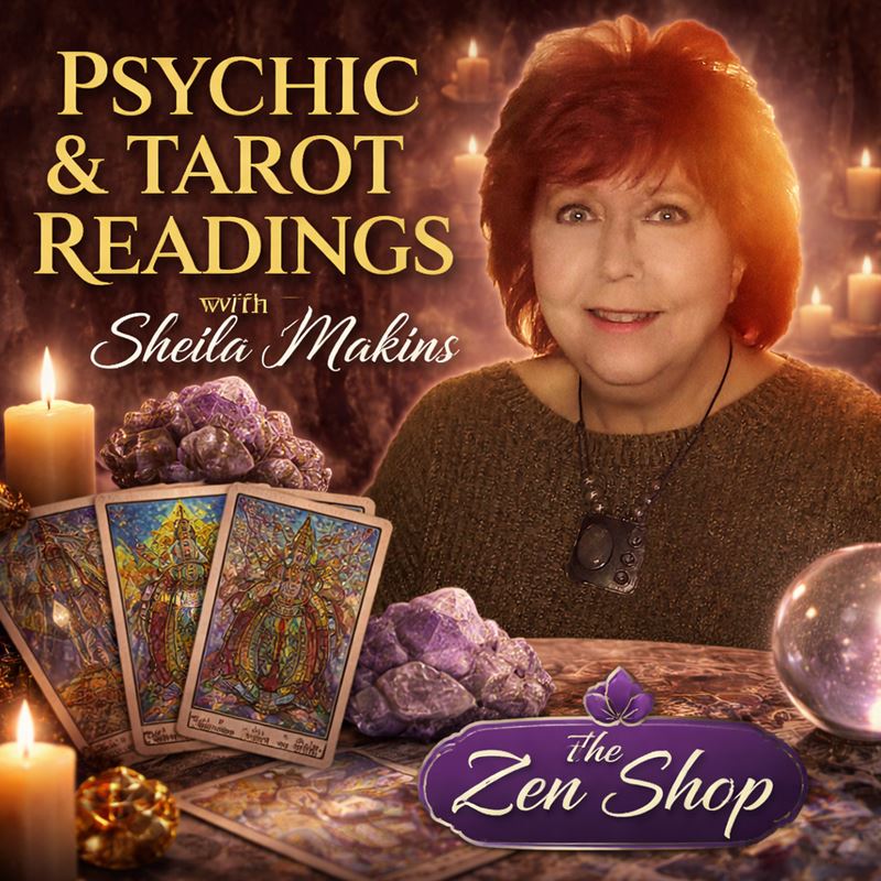Psychic and tarot readings with Sheila Makins at The Zen Shop Oshawa surrounded by candles, crystals and tarot cards