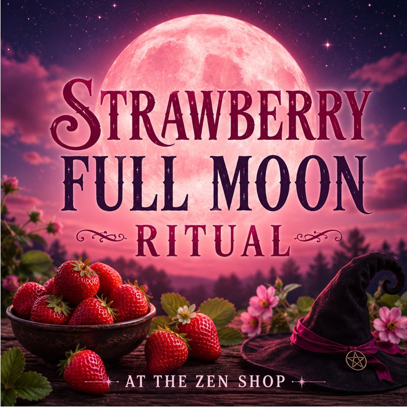 Strawberry Full Moon Ritual at The Zen Shop in Oshawa featuring a glowing pink moon, fresh strawberries and mystical witchcraft imagery
