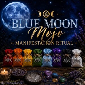 Blue Moon Mojo Manifestation Ritual event poster featuring colourful magical mojo bags, crystals, herbs, candles and a glowing full blue moon at The Zen Shop in Oshawa