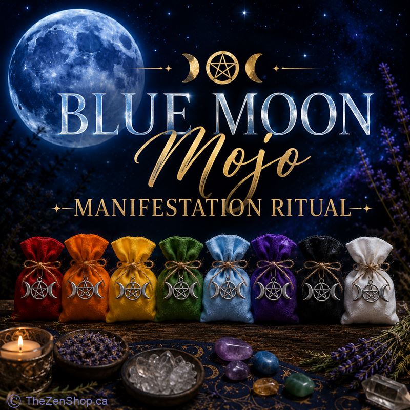 Blue Moon Mojo Manifestation Ritual event poster featuring colourful magical mojo bags, crystals, herbs, candles and a glowing full blue moon at The Zen Shop in Oshawa