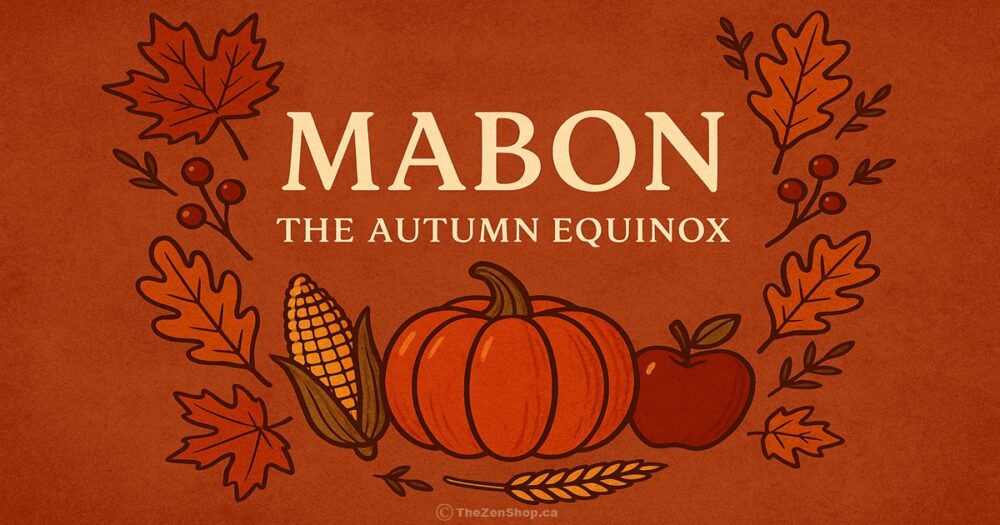 Mabon banner artwork featuring harvest symbols — pumpkin, apple, corn, and autumn leaves — celebrating the Autumn Equinox with The Zen Shop Oshawa.
