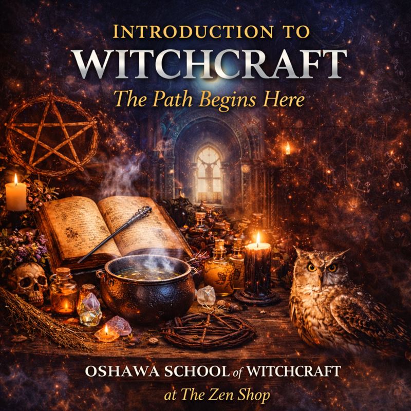 Introduction to Witchcraft class at the Oshawa School of Witchcraft featuring magical altar tools including cauldron, spellbook, candles, crystals and owl symbolizing wisdom and traditional witchcraft practice.