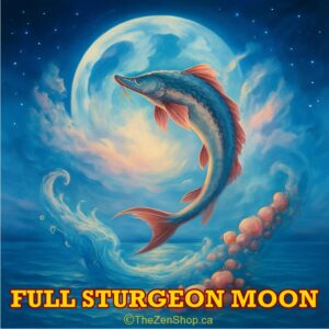 Square illustration of a sturgeon leaping from swirling water beneath a luminous full moon, with bold “Full Sturgeon Moon” text and TheZenShop.ca logo.