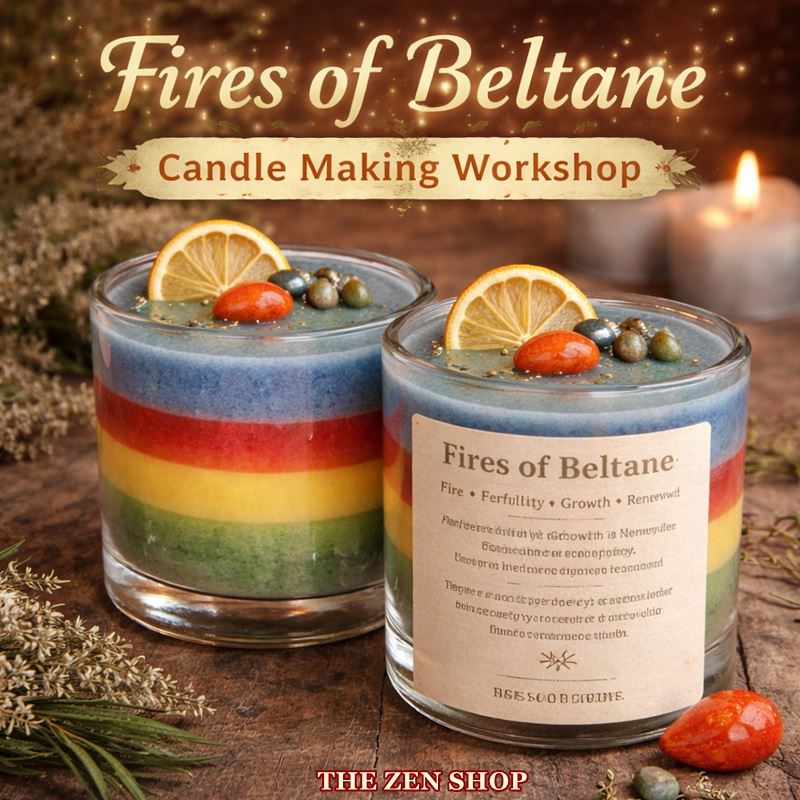 Beltane Candle Making Workshop Oshawa featuring layered ritual candles with lemon, carnelian crystal, aventurine chips and bee charm at The Zen Shop
