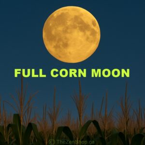 Large golden Full Corn Moon above corn stalks in twilight, with text reading “Full Corn Moon.”