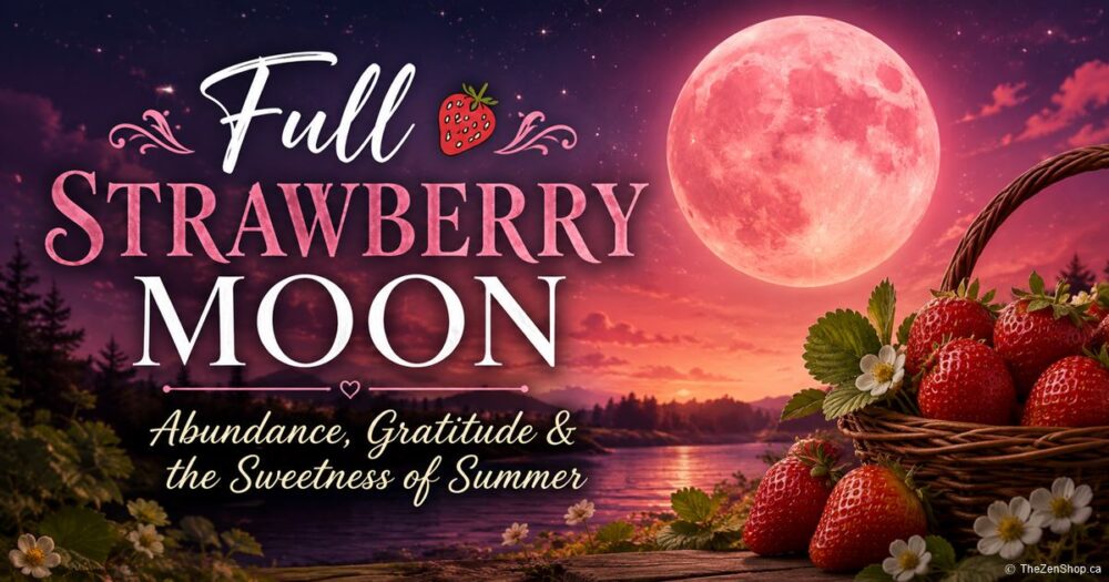 A mystical Full Strawberry Moon rises over a peaceful summer landscape with a basket of ripe strawberries and wildflowers in the foreground. The image features the title "Full Strawberry Moon" and the tagline "Abundance, Gratitude & the Sweetness of Summer."