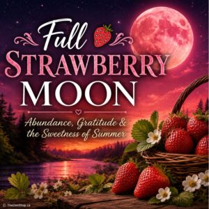 Square graphic featuring a glowing Full Strawberry Moon above a tranquil river at sunset with fresh strawberries and blossoms in the foreground. The design includes the title "Full Strawberry Moon" and the tagline "Abundance, Gratitude & the Sweetness of Summer.