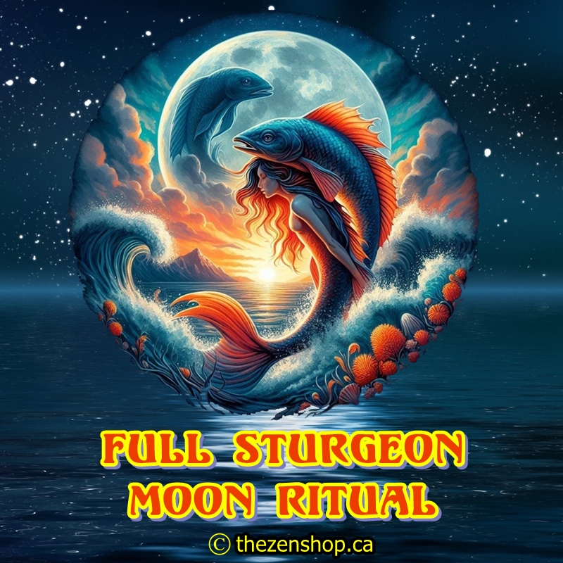 Mystical illustration of a Sturgeon fish swirling beneath a glowing full moon with soft rainbow hues and cosmic energy. Text reads “Full Sturgeon Moon Ritual” with TheZenShop.ca logo.