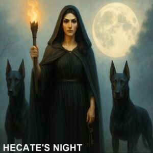 Hecate standing with two black dogs and a torch beneath the full moon — witchcraft feature image for Hecate’s Night at The Zen Shop.