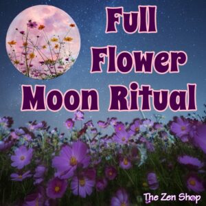 Full Flower Moon Ritual Oshawa at The Zen Shop featuring pink full moon and blooming spring flowers under a starry night sky