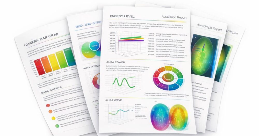 Chakra analysis report pages with energy graphs, aura colour wheel and detailed chakra energy breakdown