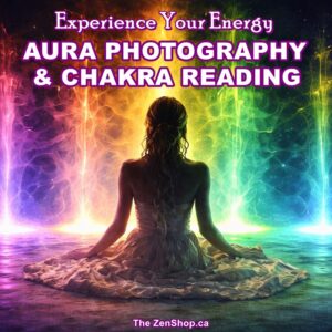 Aura photography and chakra reading event image showing colourful energy field with meditation figure at The Zen Shop Oshawa
