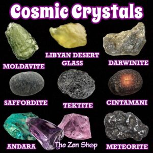 Cosmic and extra-terrestrial crystals collage featuring Moldavite, Libyan Desert Glass, Darwinite, Meteorite, Tektite, Saffordite, Cintamani, and Andara stones – available at The Zen Shop in Oshawa