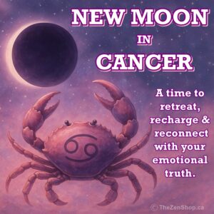 A wide-format image showing a glowing purple crab under a dark new moon, surrounded by a pastel sky in Cancer zodiac colours. Designed for New Moon in Cancer blog promotion.