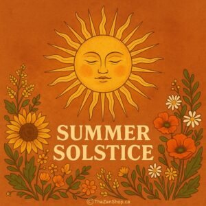 Radiant sun illustration with floral border and the words "Summer Solstice" in bold vintage lettering, symbolizing Litha and the Wheel of the Year.