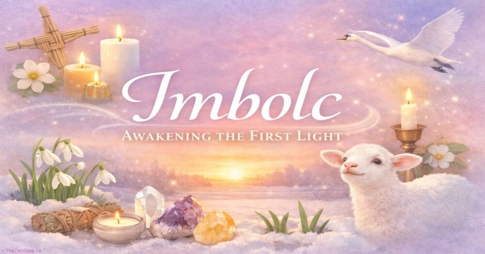 Imbolc Awakening the First Light pastel illustration with candles, Brigid’s cross, snowdrops, crystals, lamb, and sunrise symbolizing renewal on the Pagan Wheel of the Year