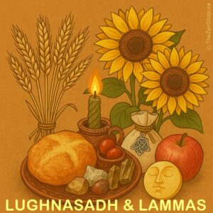 Wheel of the Year Lughnasadh and Lammas altar featuring sunflowers, wheat, apple, bread, candle, and crystals in a folk-art harvest scene