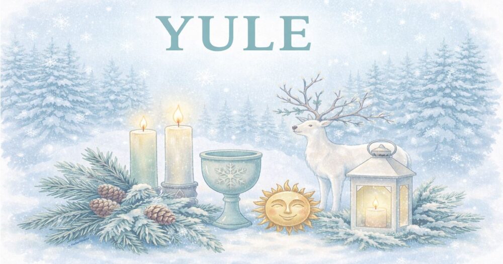 Yule Winter Solstice pastel illustration featuring a snowy forest altar with candles, evergreen branches, chalice, lantern, golden sun face, and white stag beneath the word Yule