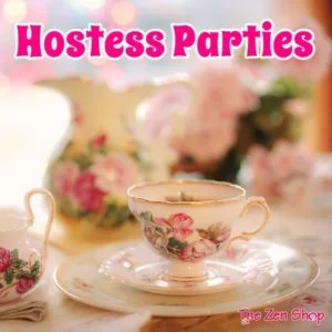 Teacup, saucer and flowers with Spiritual Hostess parties text
